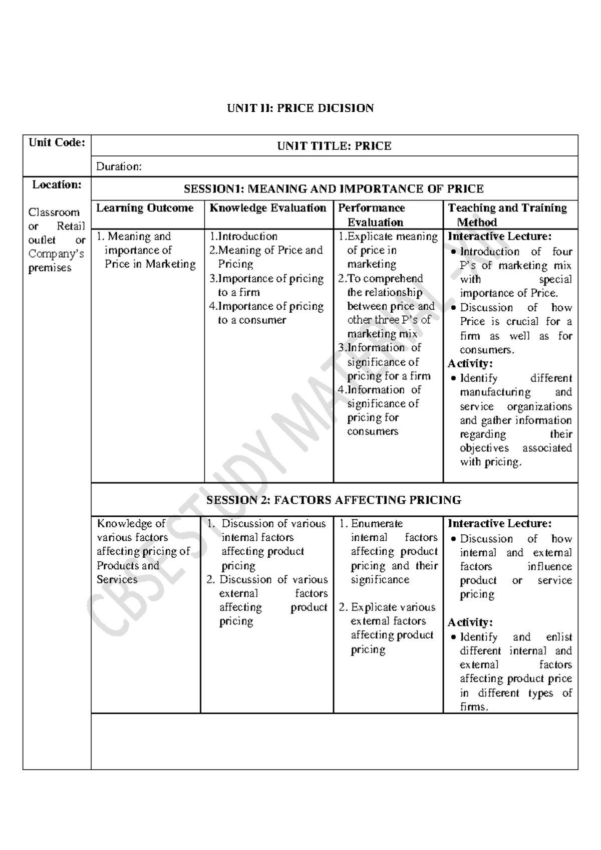 UNIT II: PRICE - Comprehensive Study Notes on Pricing Strategies - Studocu