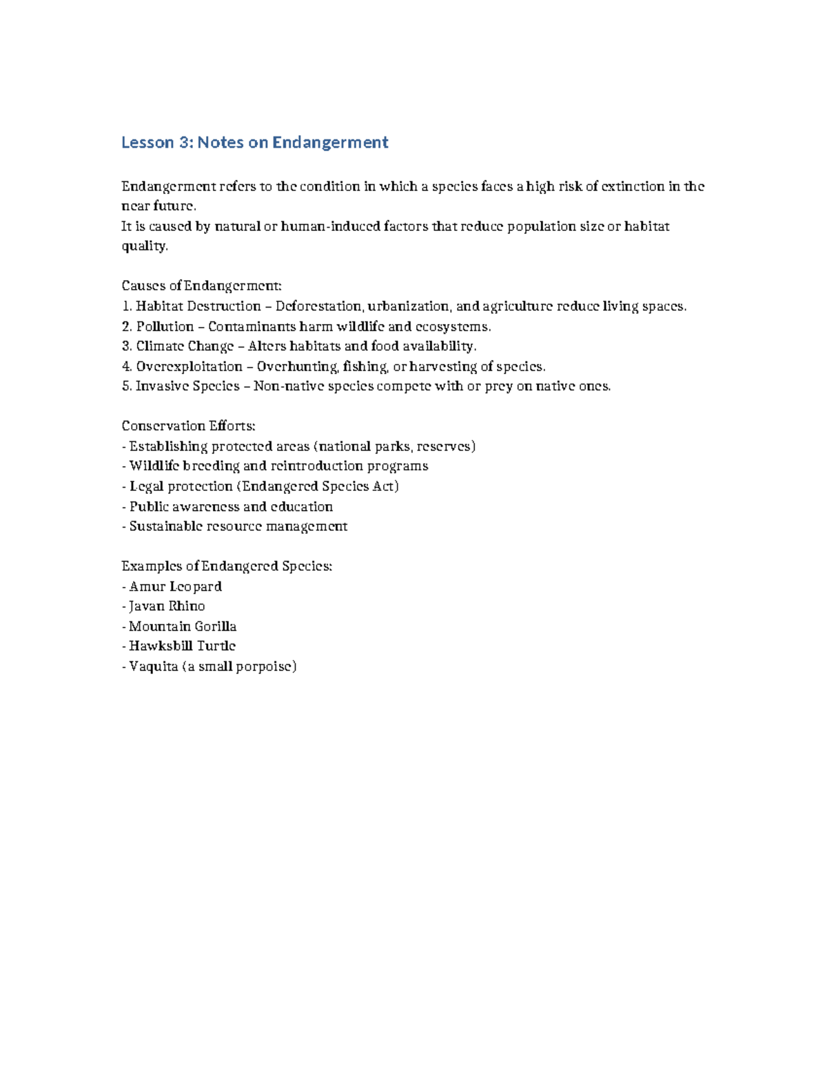 Lesson 3: Notes on Species Endangerment and Conservation Efforts - Studocu