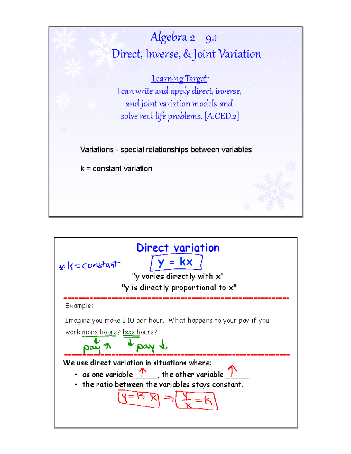 Algebra 2 Variation Notes: Direct, Inverse, and Joint Relationships ...