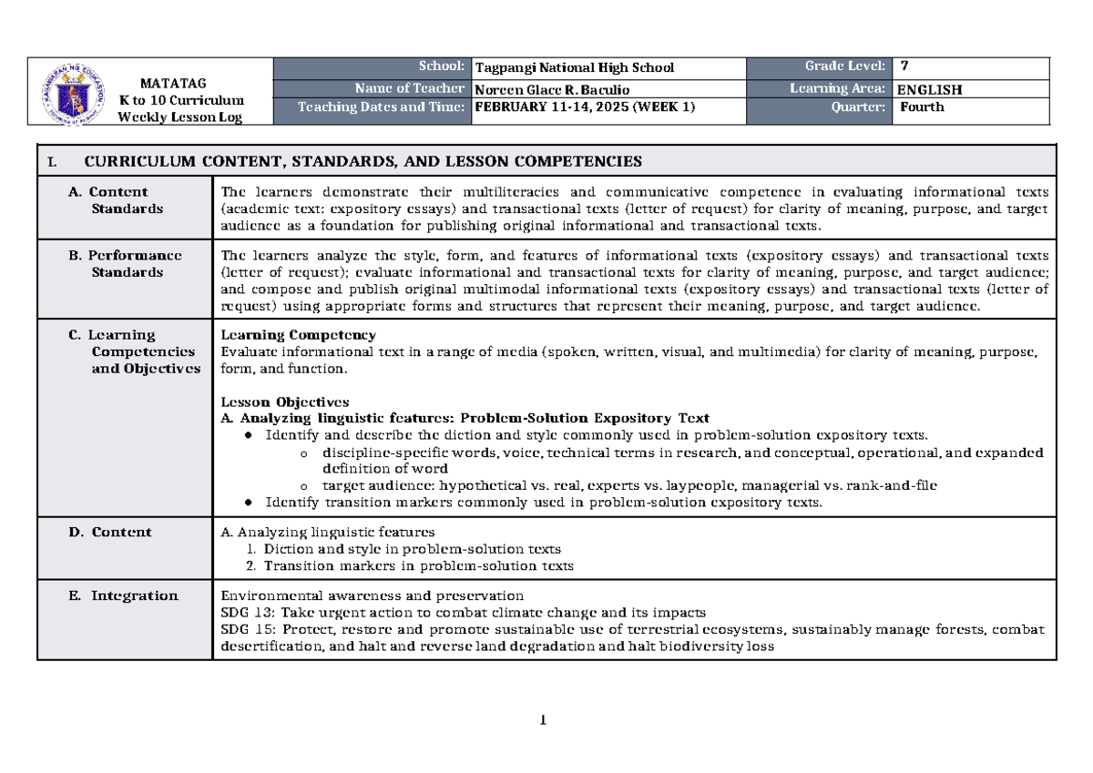 DLL Matatag English 7 Q4 W1 - MATATAG K to 10 Curriculum Weekly Lesson ...