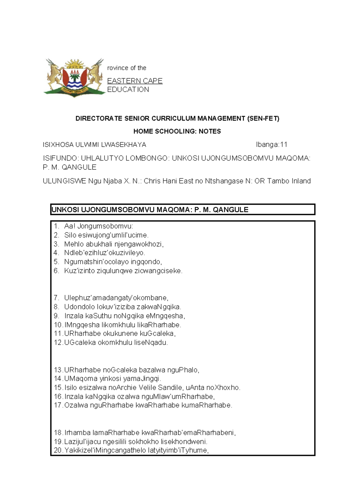 1 Isixhosa Hl Worksheet Grade 11 Notes Questions And Answers Poetry Unkosi Jongumsobomvu Maqoma