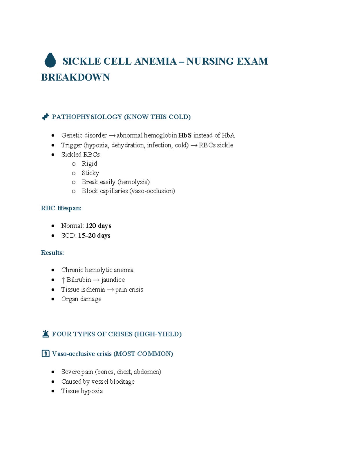 Sickle Cell Anemia Nursing Exam Breakdown (Pathophysiology) - Studocu