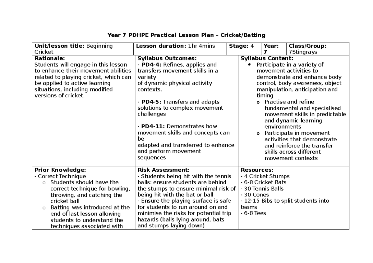 Year 7 PDHPE Practical Lesson Plan: Cricket Skills & Activities - Studocu