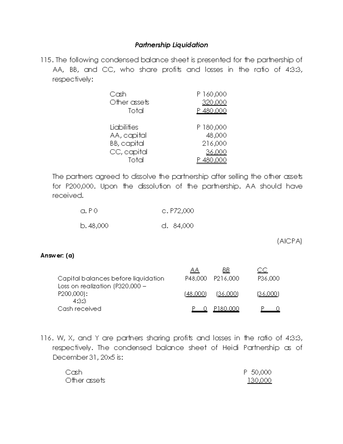 Partnership Liquidation Exercises and Solutions (PhilCPA) - Studocu