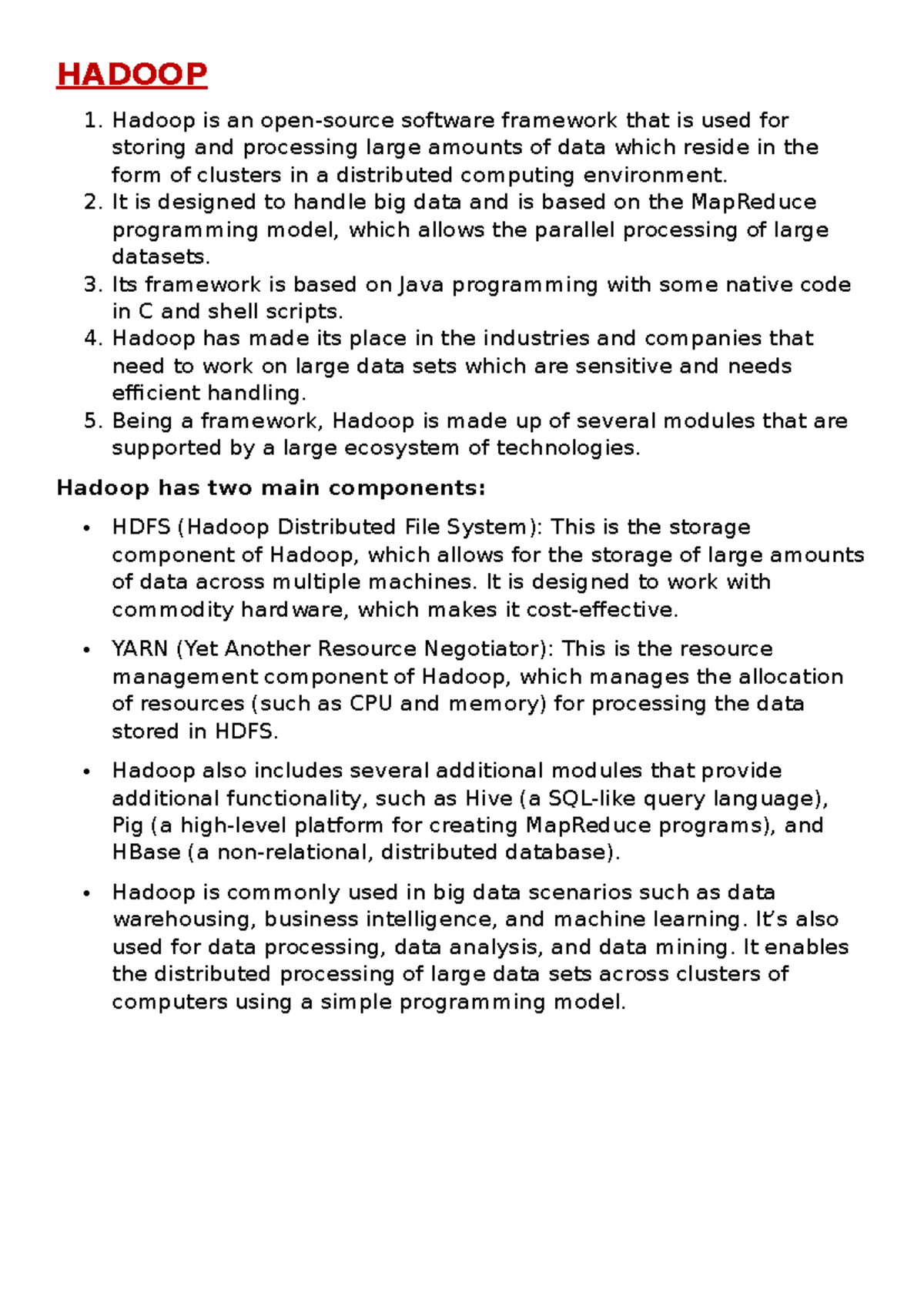 BDA 1: Comprehensive Overview of Hadoop Framework and Ecosystem - Studocu