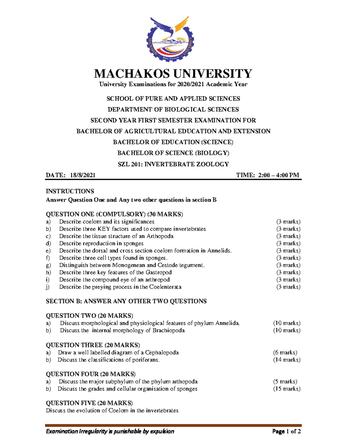 SZL 201: Invertebrate Zoology Exam Paper - 2020/2021 Academic Year ...