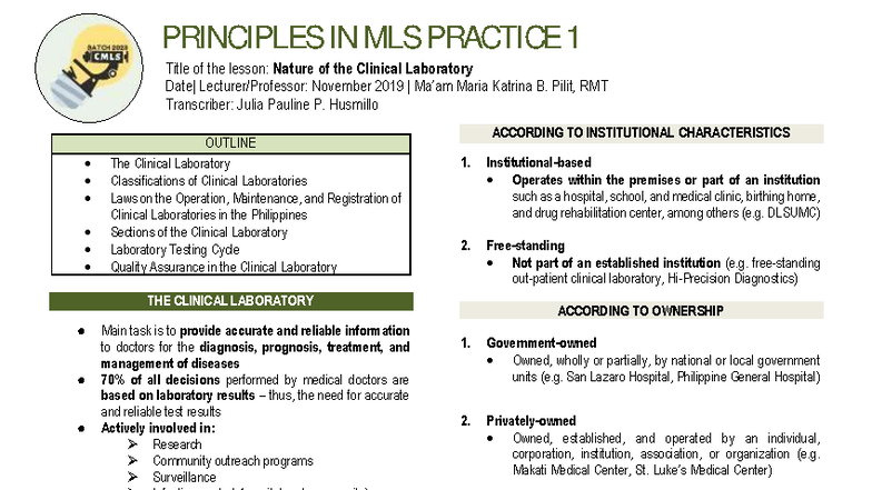 MLS 1: Nature of the Clinical Laboratory - Comprehensive Review - Studocu