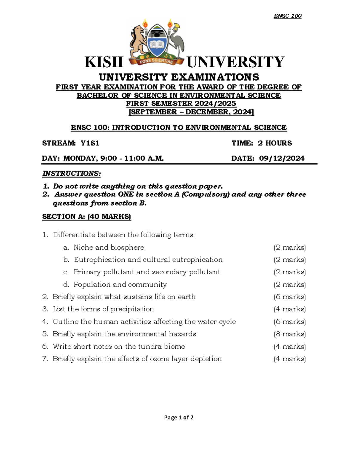ENSC 100: Past Paper for Introduction to Environmental Science - Studocu