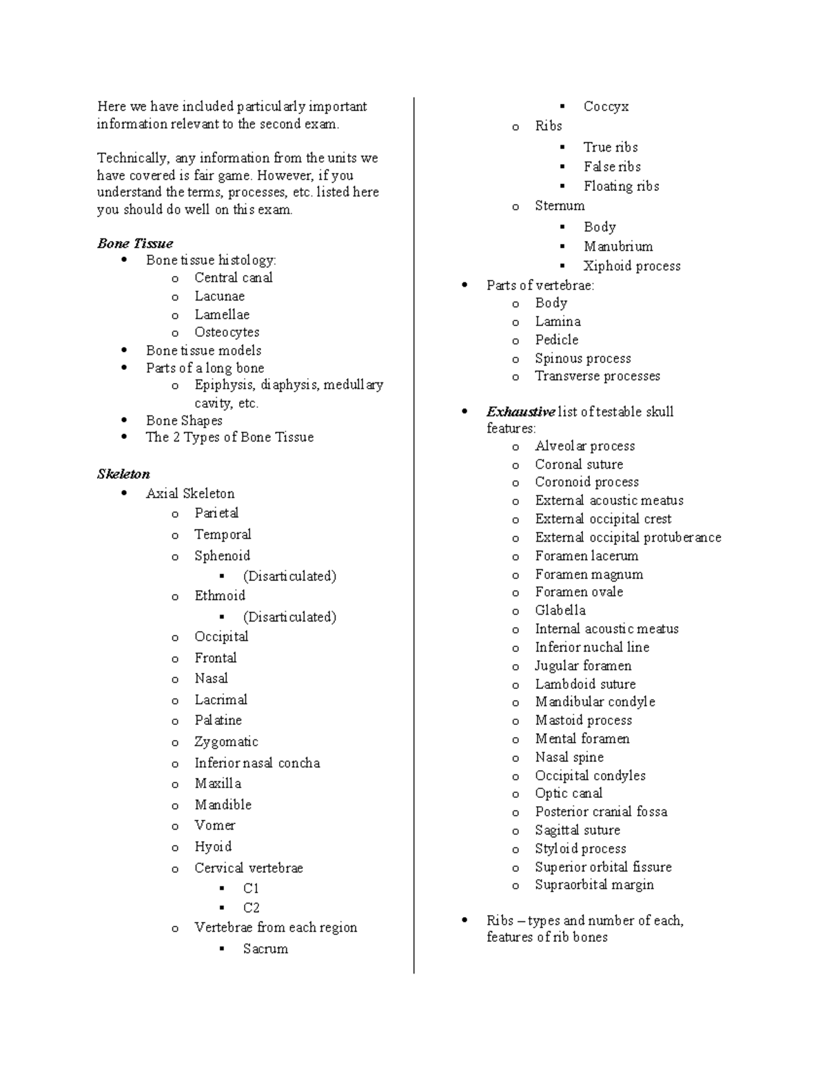 BIO101: Second Exam Study Guide on Bone & Skeleton Anatomy - Studocu