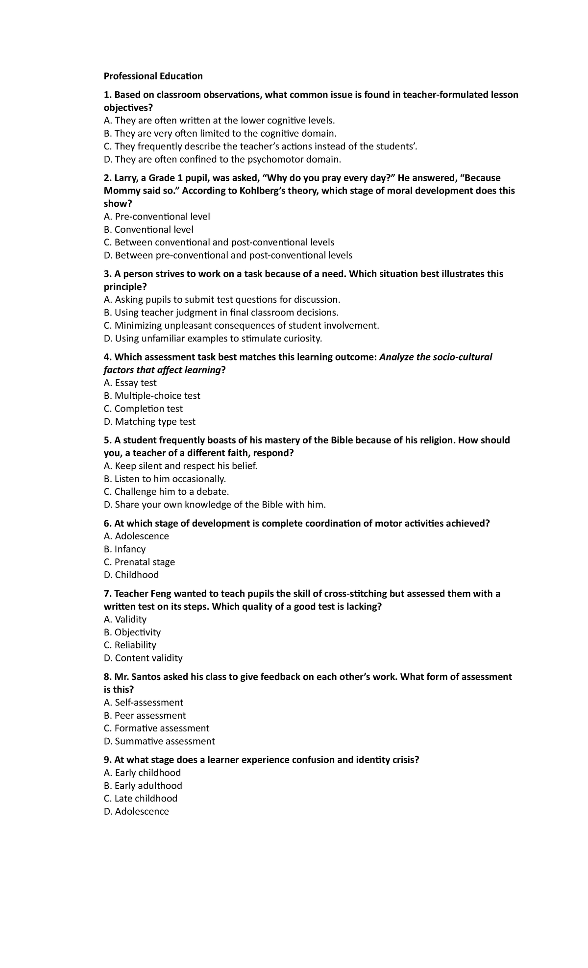 Professional Education 1: 2nd Week Questionnaire Insights - Studocu