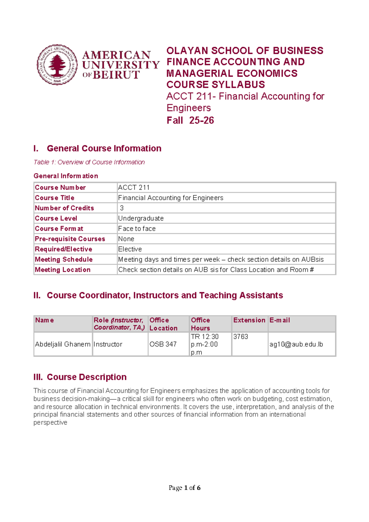ACCT 211 Syllabus: Financial Accounting for Engineers - Fall 2025 - Studocu