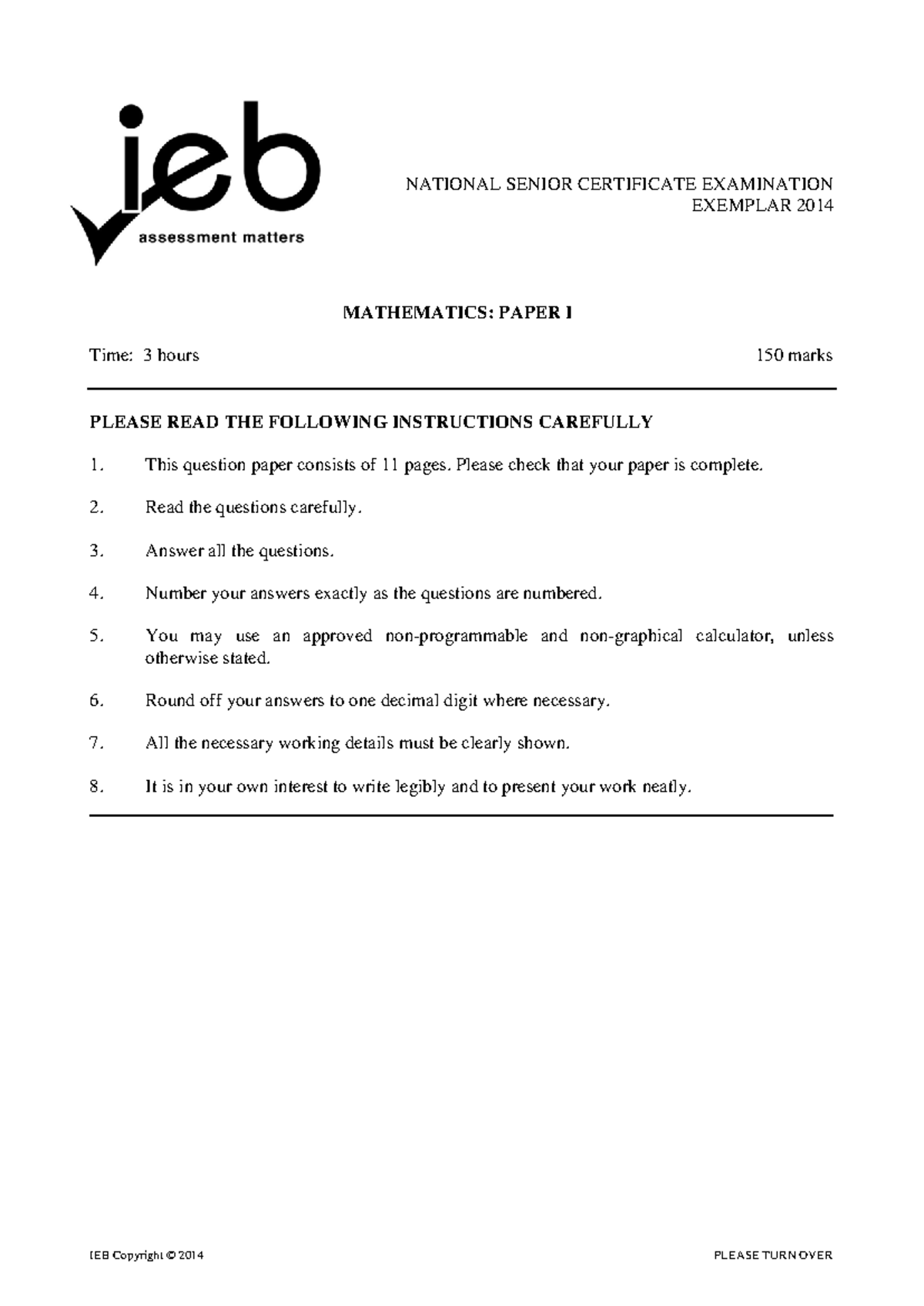 2014 IEB Mathematics P1 Exemplar Exam Paper - Studocu