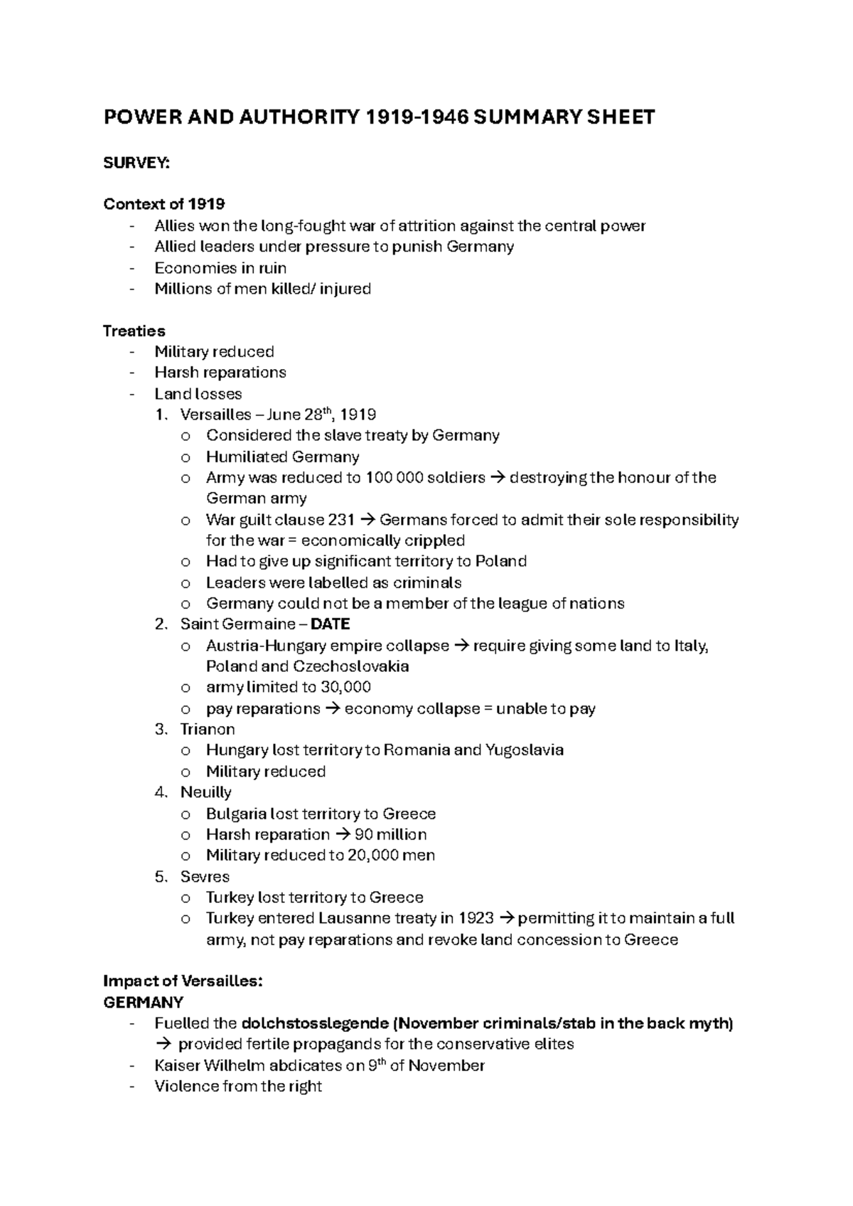HIST 101: Power and Authority Summary Sheet - Post WWI Treaties and ...