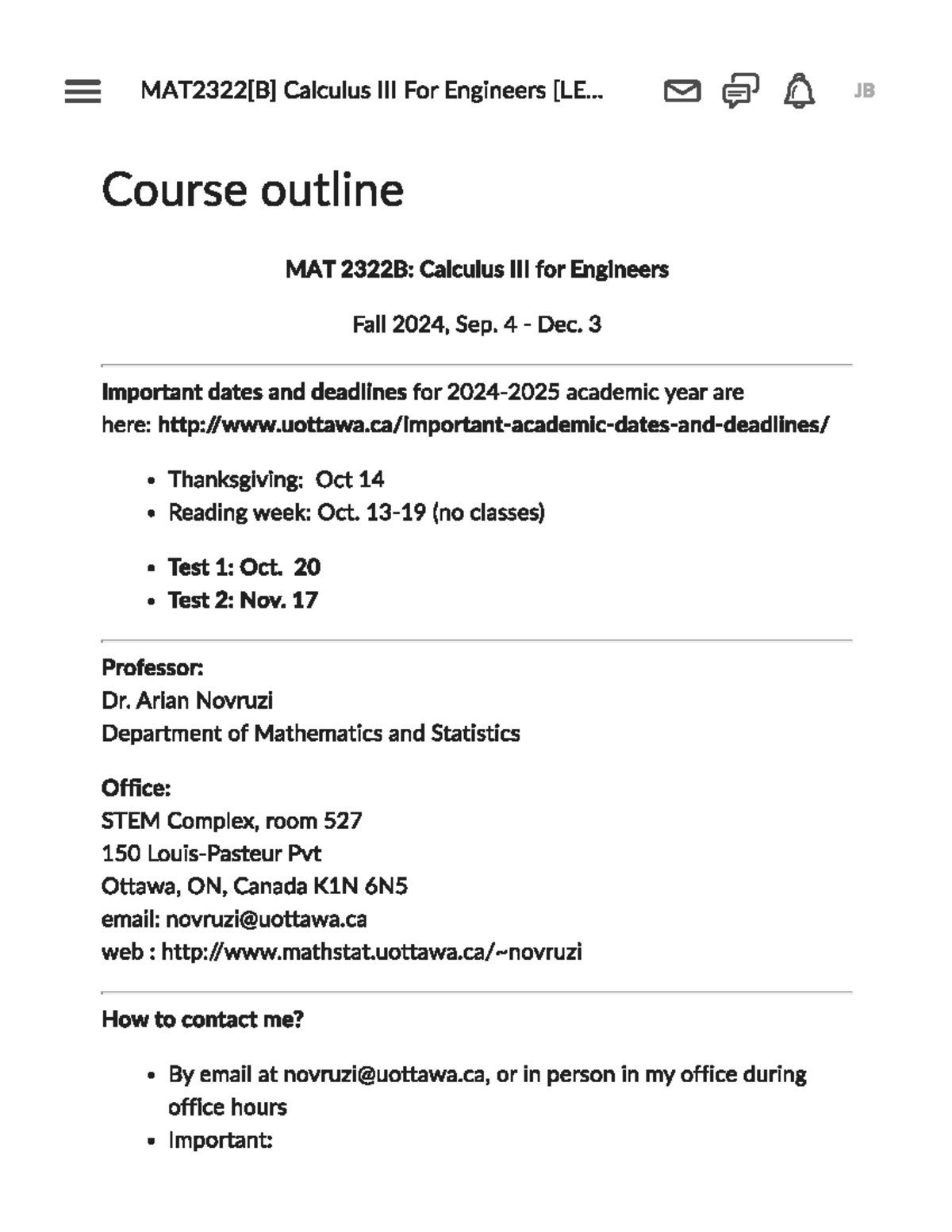 Syllabus Fall 2024 - Calculus For Engineers JB Course outline MAT 2322B ...