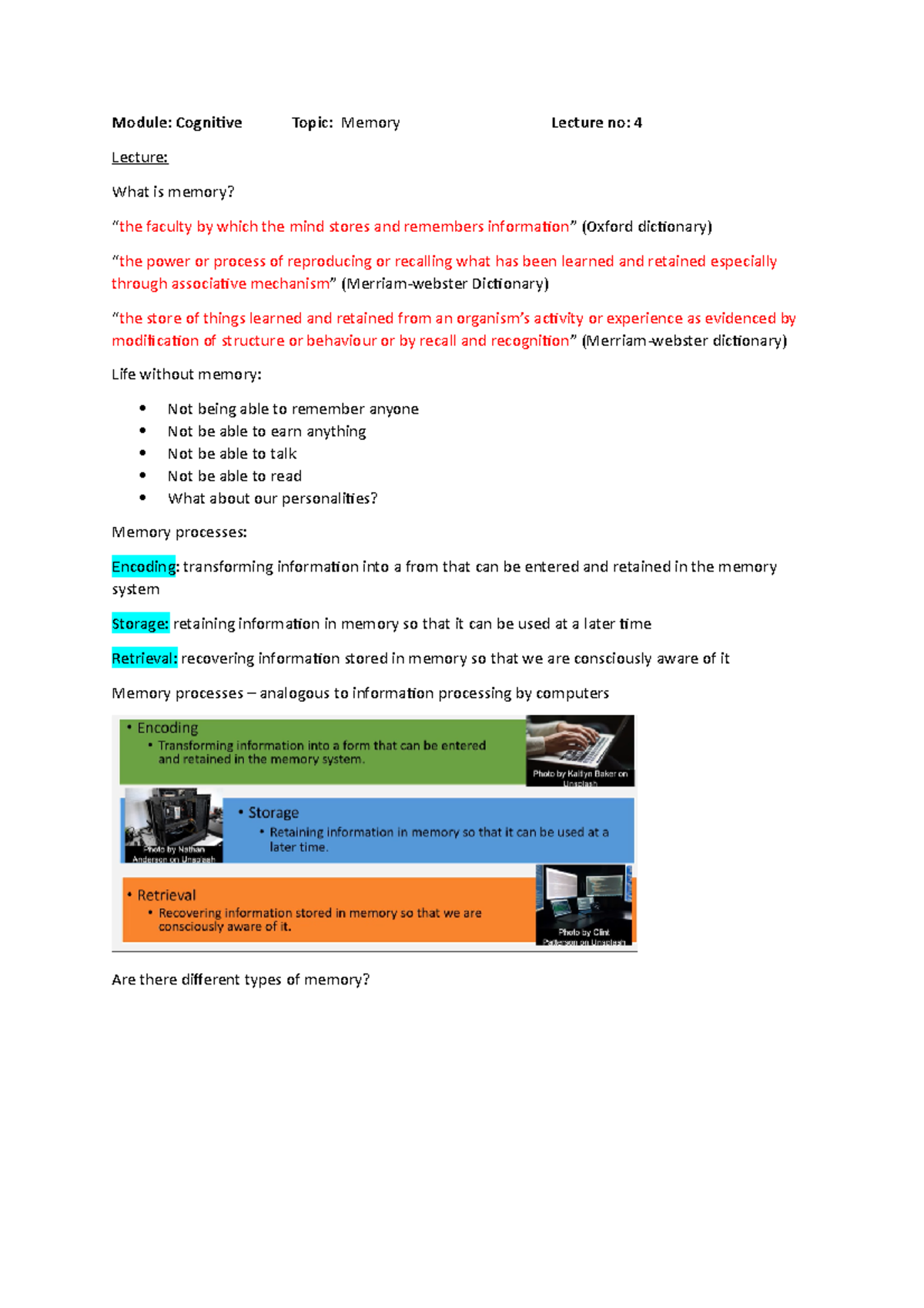 Lecture 4 - memory - Module: Cognitive Topic: Memory Lecture no: 4 ...