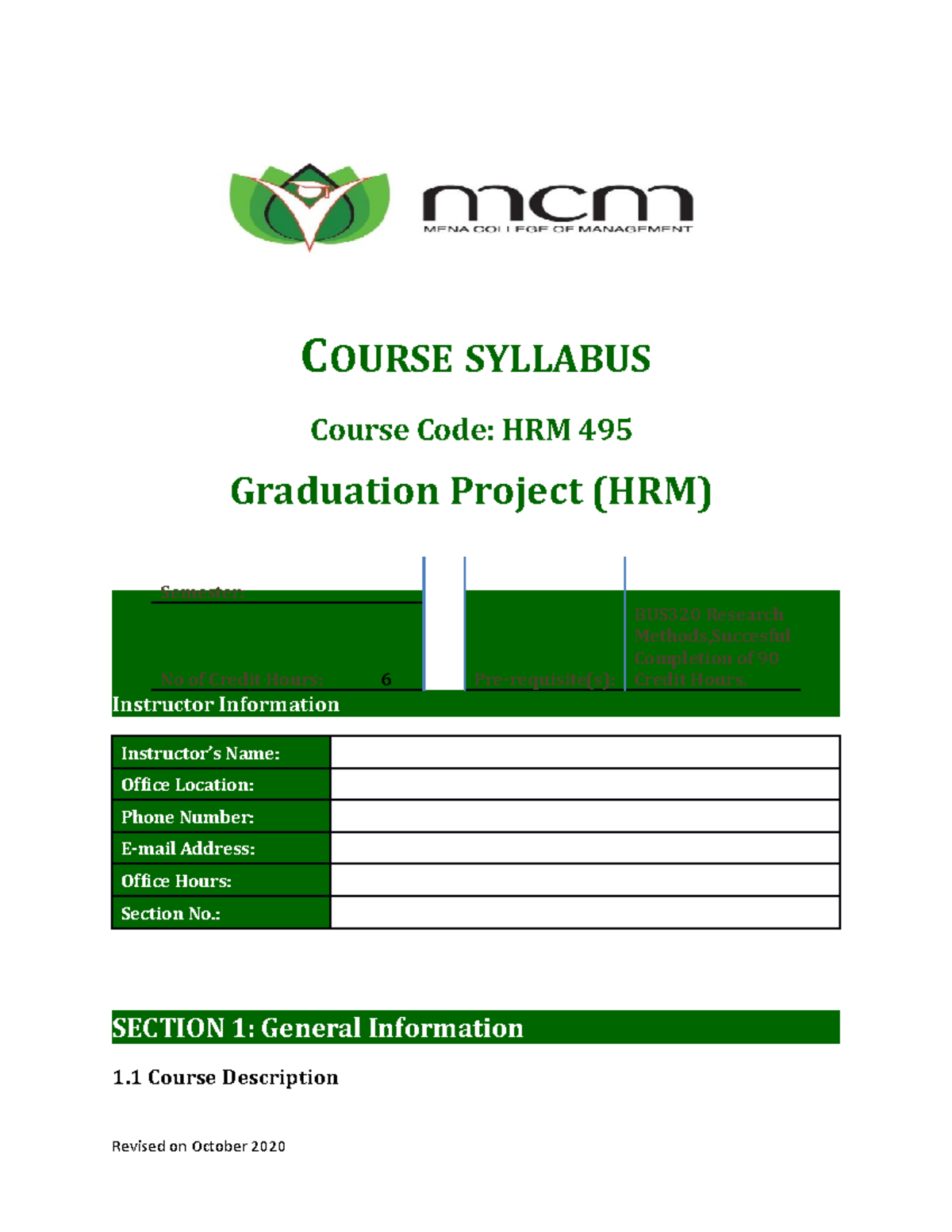 Graduation P Syllabus GRaduation - COURSE SYLLABUS Course Code: HRM 495 ...