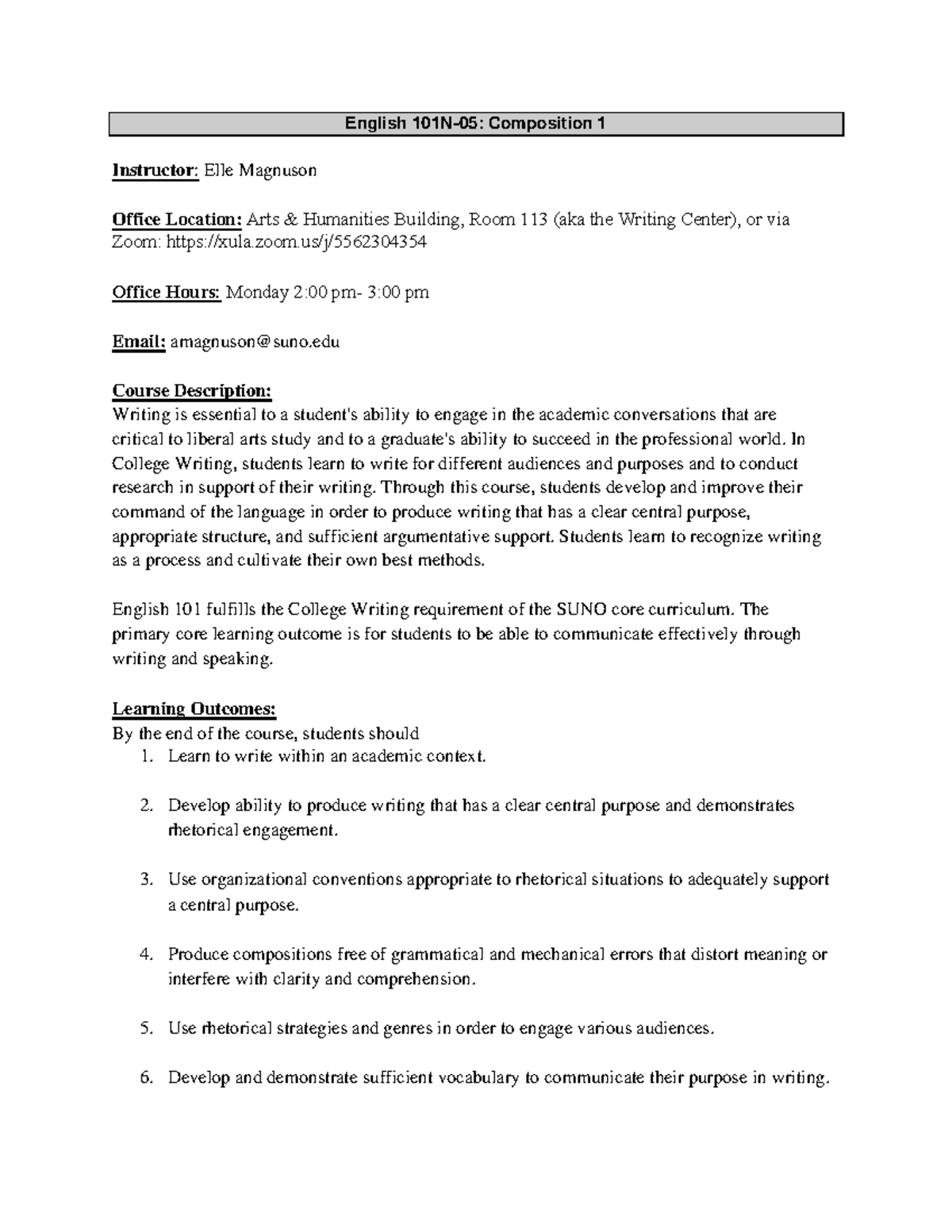 SENL 101N Course Syllabus - Composition 1 Overview and Expectations ...
