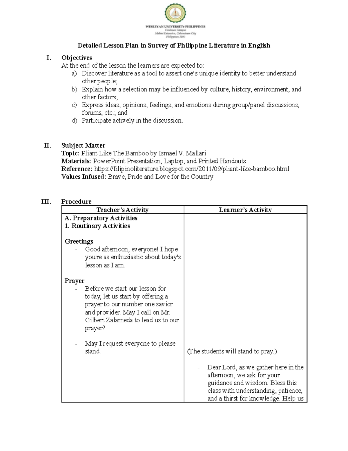 DLP: Detailed Lesson Plan on Philippine Literature (Pliant Like The ...