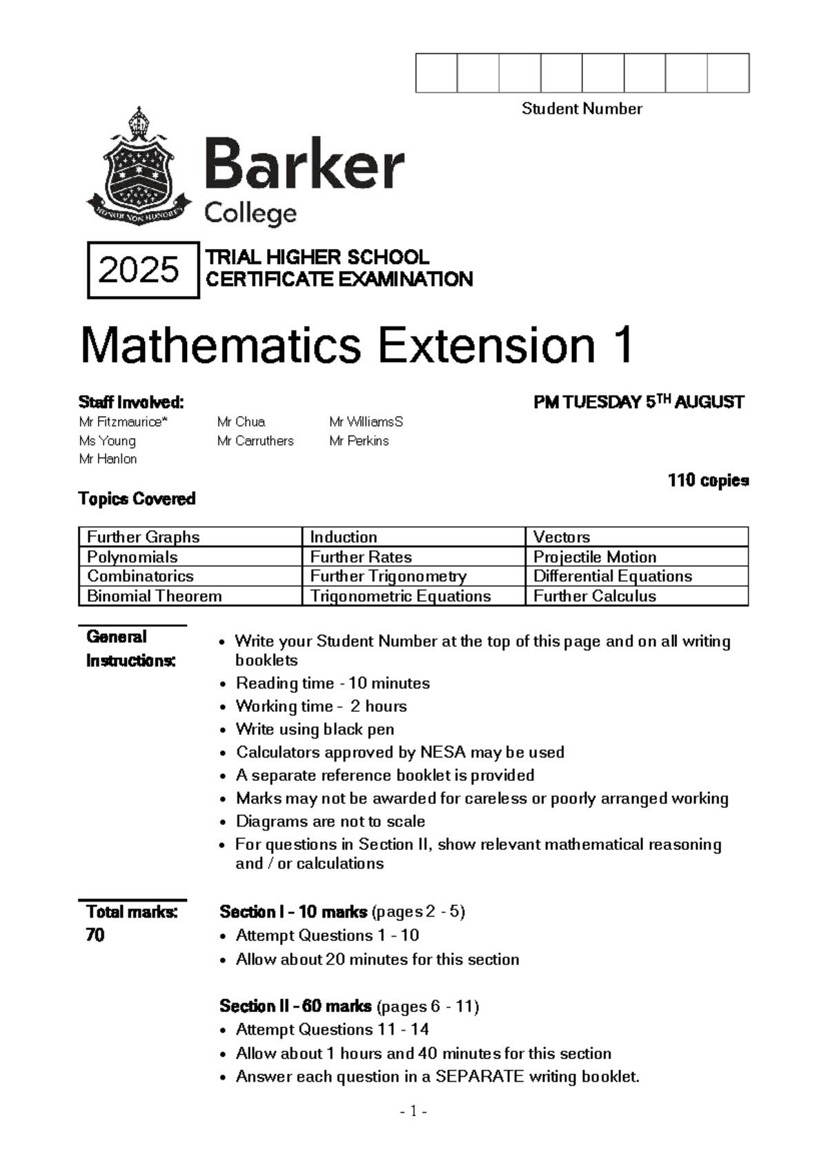 2025 HSC Mathematics Extension 1 Trial Exam + Solutions - Studocu