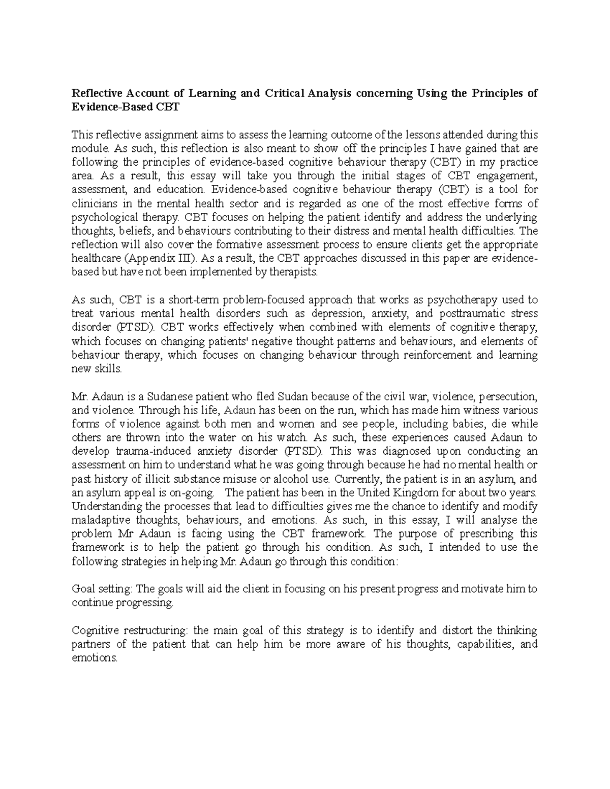 Reflective Account of Learning in Evidence-Based CBT for Module XYZ101 ...