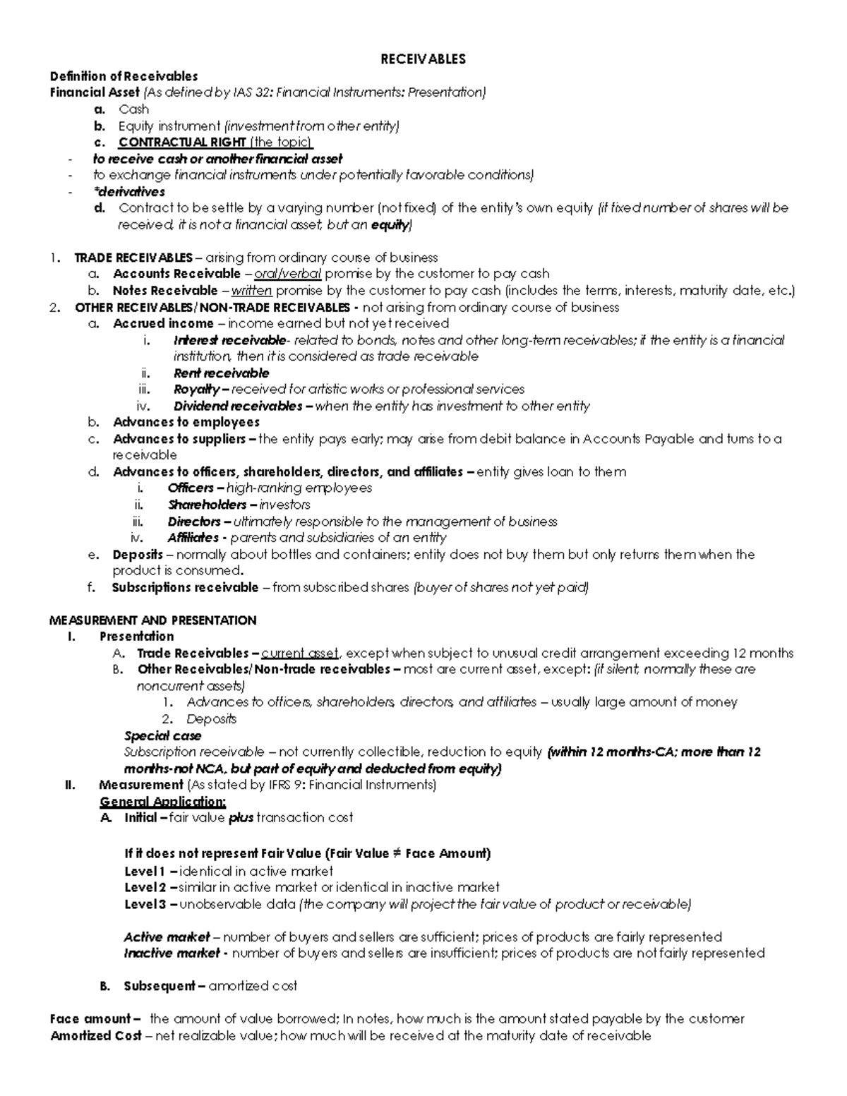 Receivables - ACC 101 Lecture Notes on Financial Assets and Measurement ...