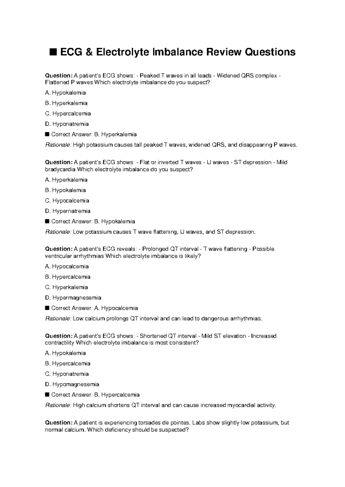 ECG Electrolyte Imbalance Review Questions (Final Exam) - Studocu