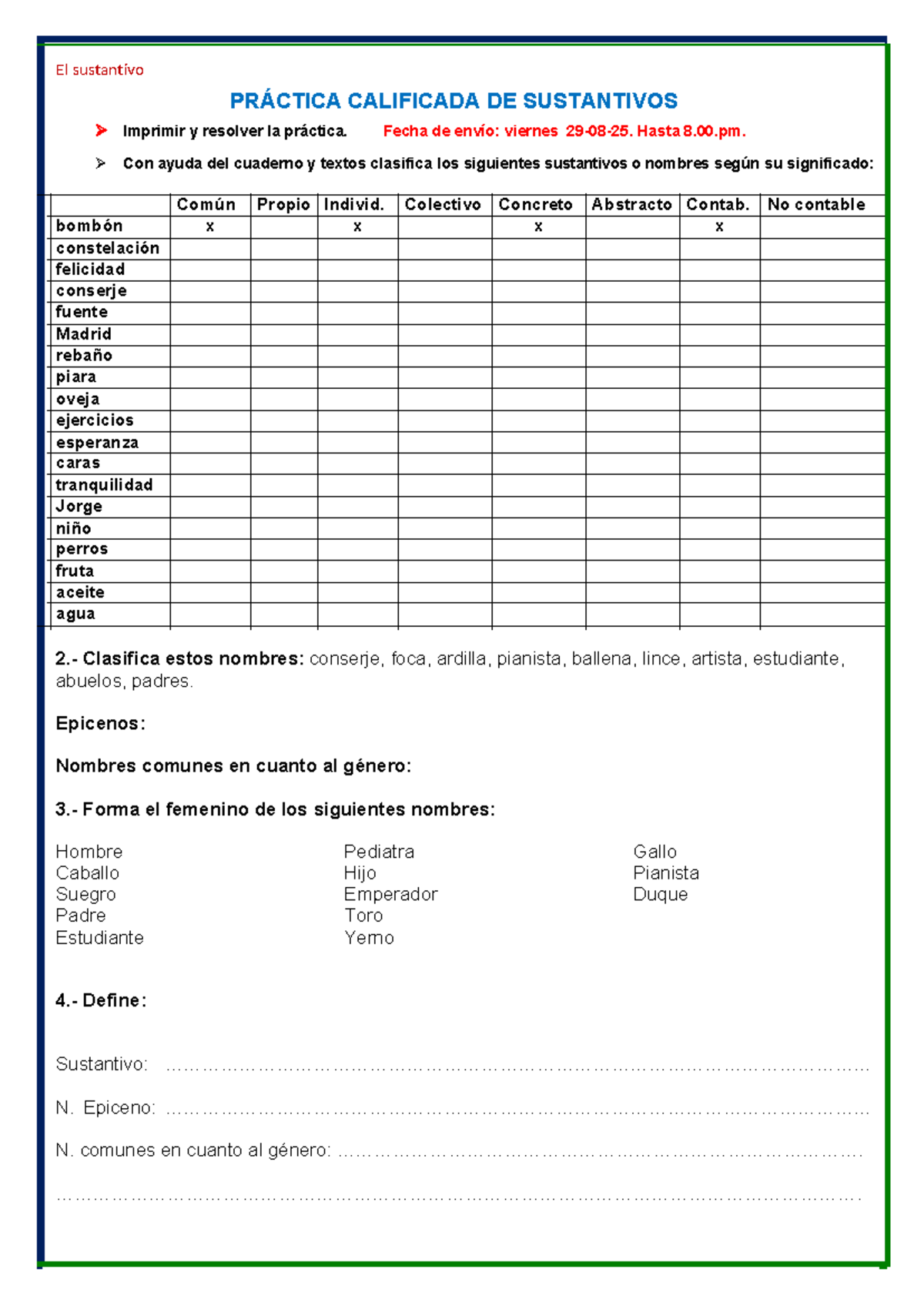 Sustantivo - PRÁCTICA CALIFICADA 4° - Clasificación y Ejercicios - Studocu