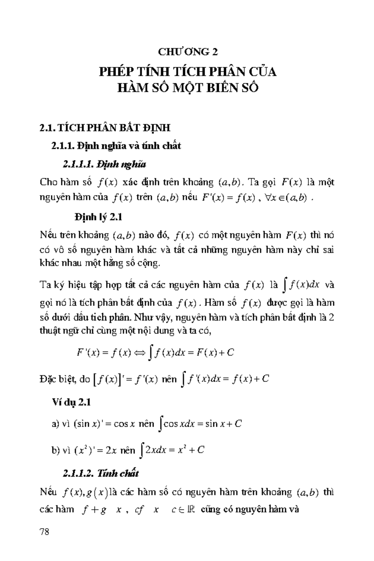 CHƯƠNG 2: PHÉP TÍNH TÍCH PHÂN CỦA HÀM SỐ MỘT BIẾN SỐ (tr78-113) - Studocu