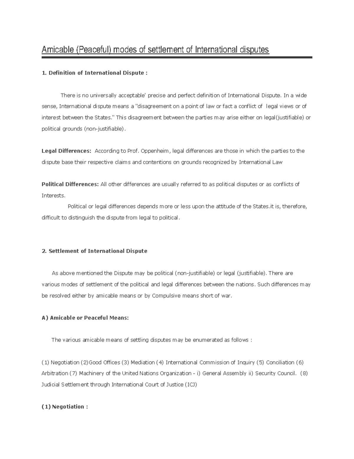 Settlement of International Disputes: Amicable Resolution Methods - Studocu