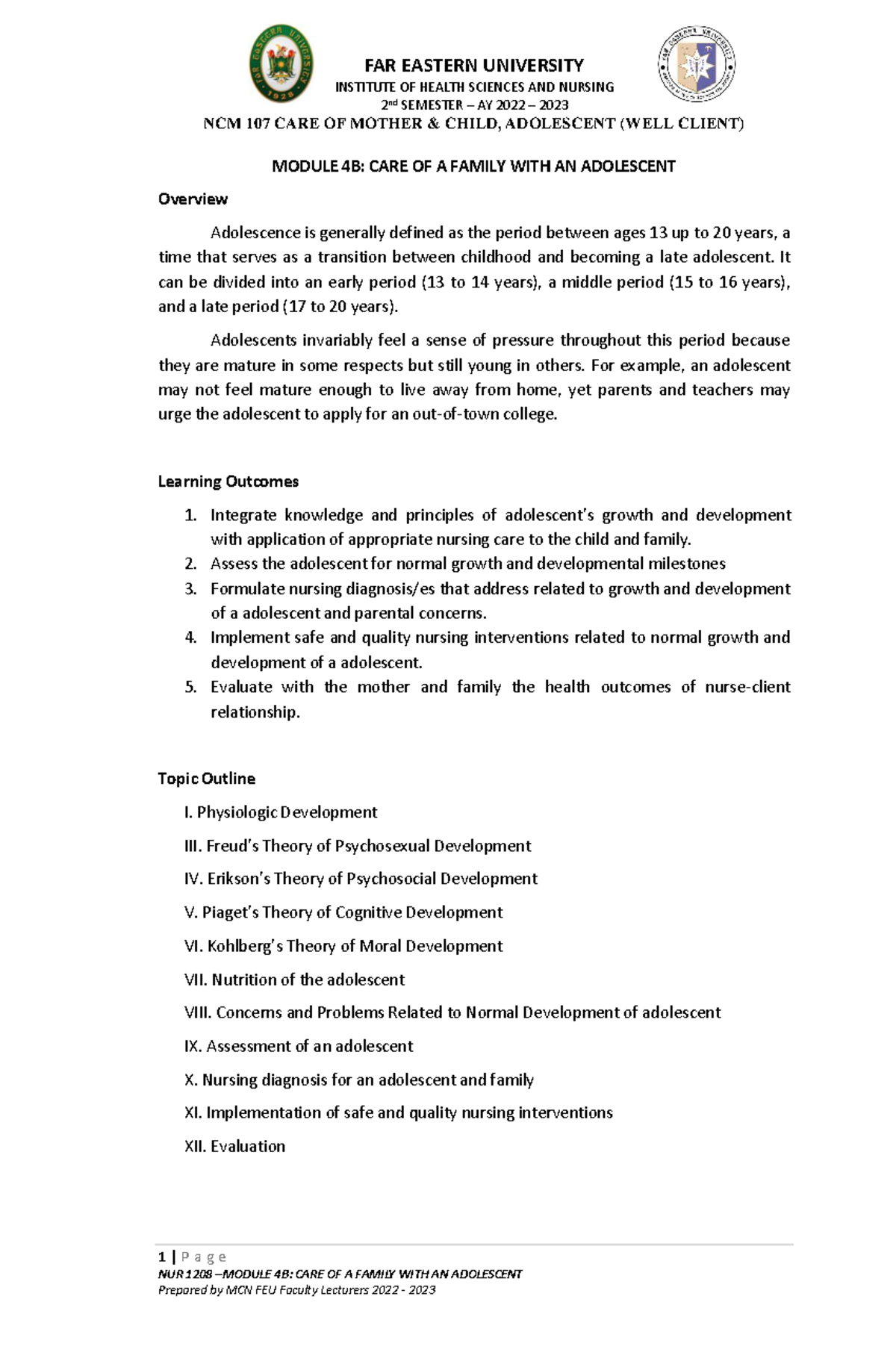 NCM 107 Module 4B: Care of a Family with an Adolescent Overview (AY ...