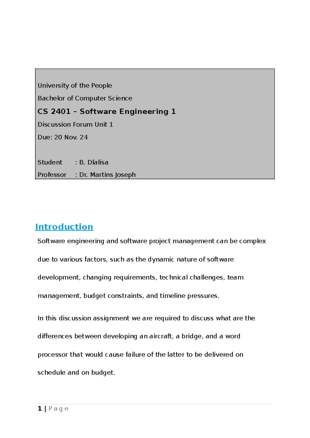 CS2401 - Discussion Forum 1: Software Engineering Complexities - Studocu