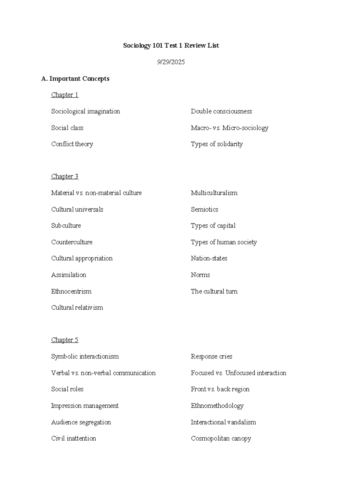 Sociology 101: Test 1 Review of Key Concepts and Theories - Studocu