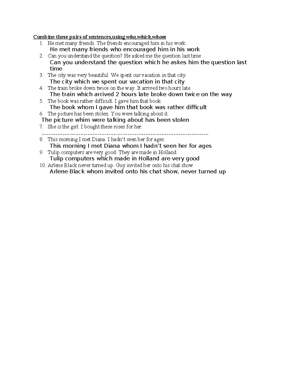 WHO-WHOM-WHICH: Sentence Combination Exercises - Studocu