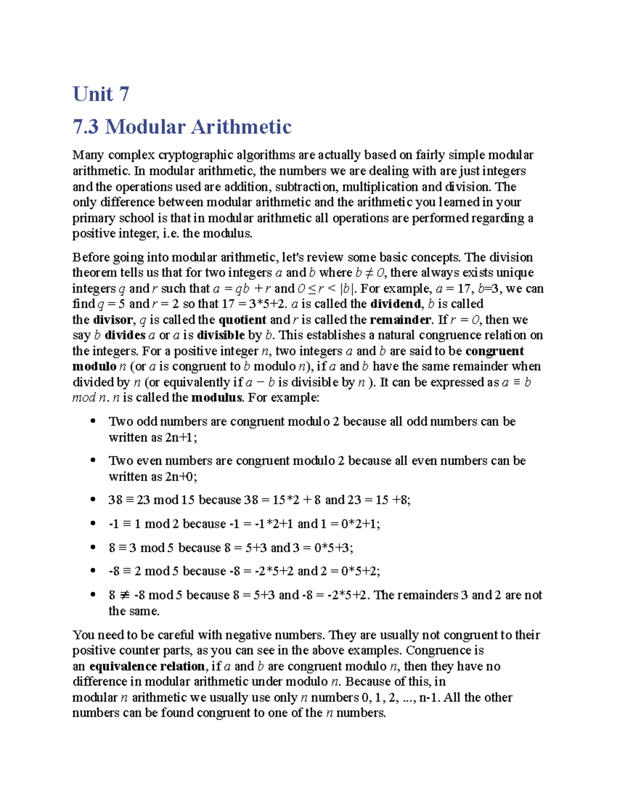Unit-7 Modular Arithmetic - Unit 7 7 Modular Arithmetic Many complex ...