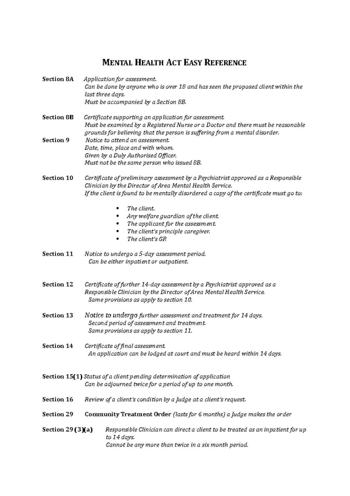 Mental Health Act (MHA) Sections Overview & Easy Reference Guide - Studocu