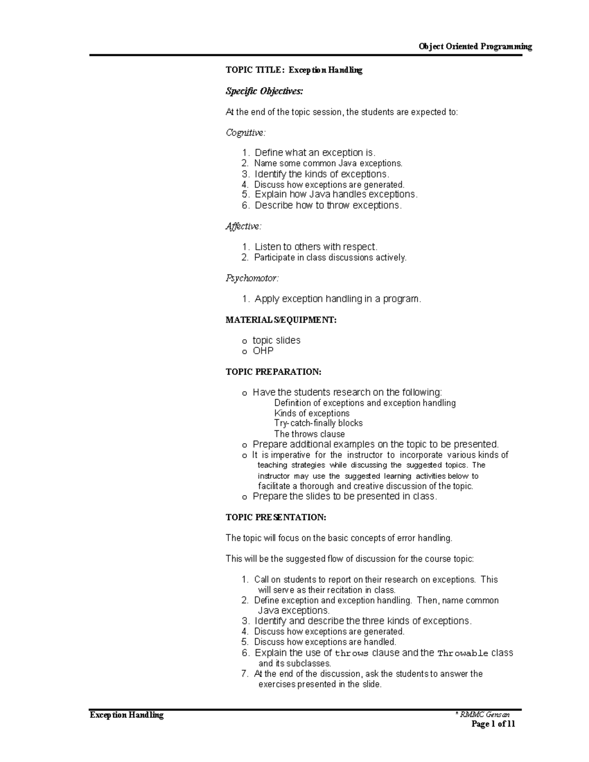 Week 6 sessions 15 17 exception handling - TOPIC TITLE: Exception ...