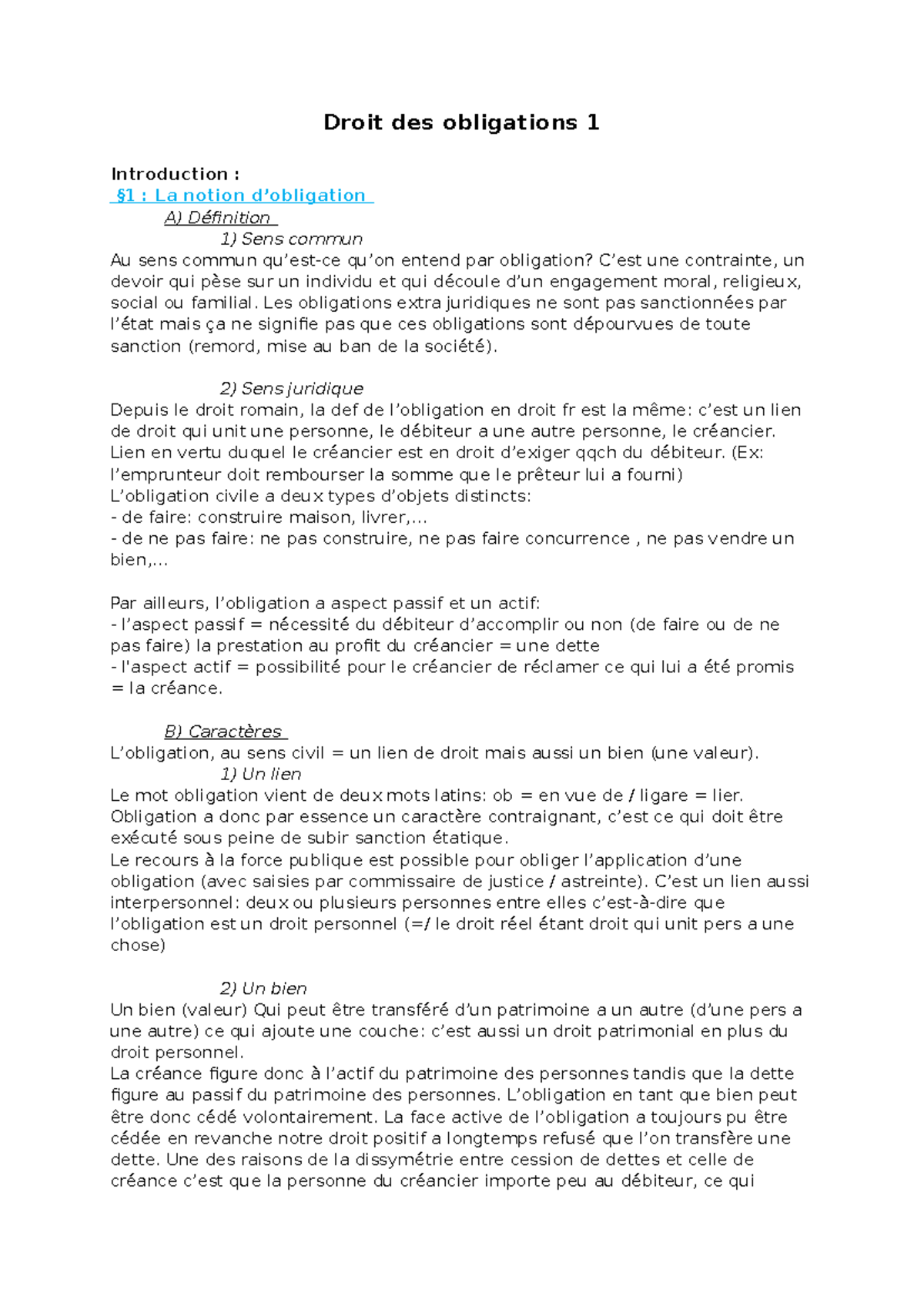 Droit des Obligations 1 : Introduction et Notions Fondamentales - Studocu
