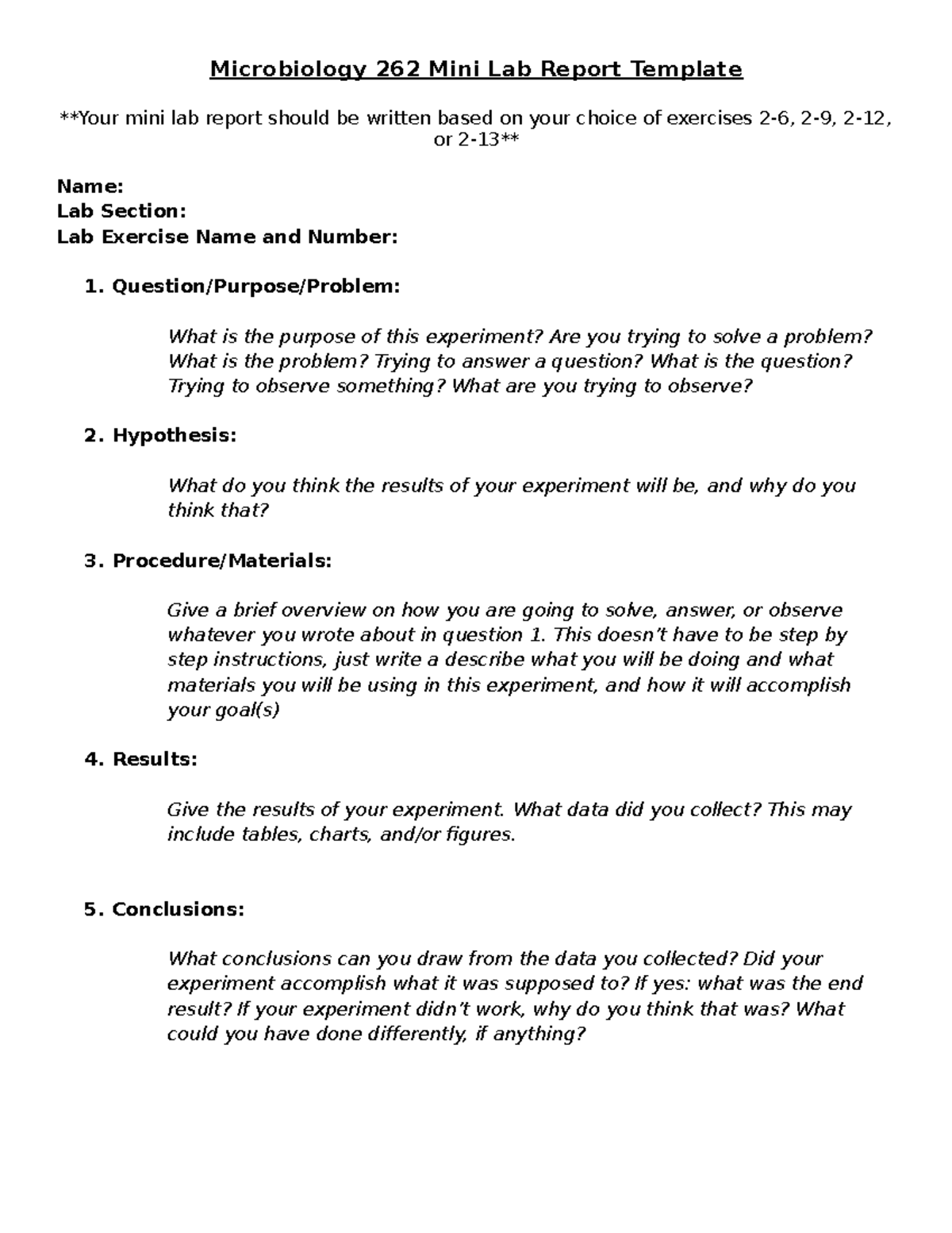 Microbiology 262 Lab Report Template - Microbiology 262 Mini Lab Report ...