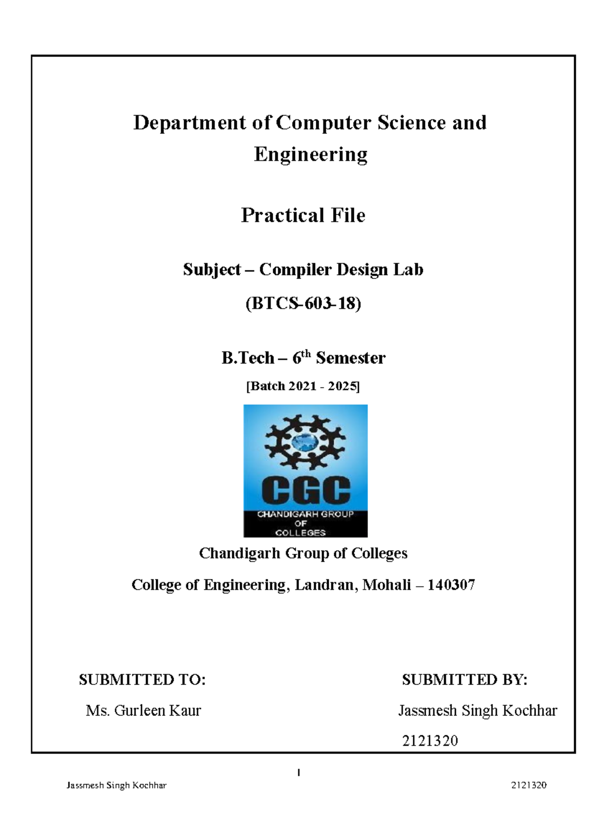 Compiler Design Lab Practical File (B.Tech 6th Sem) - Studocu