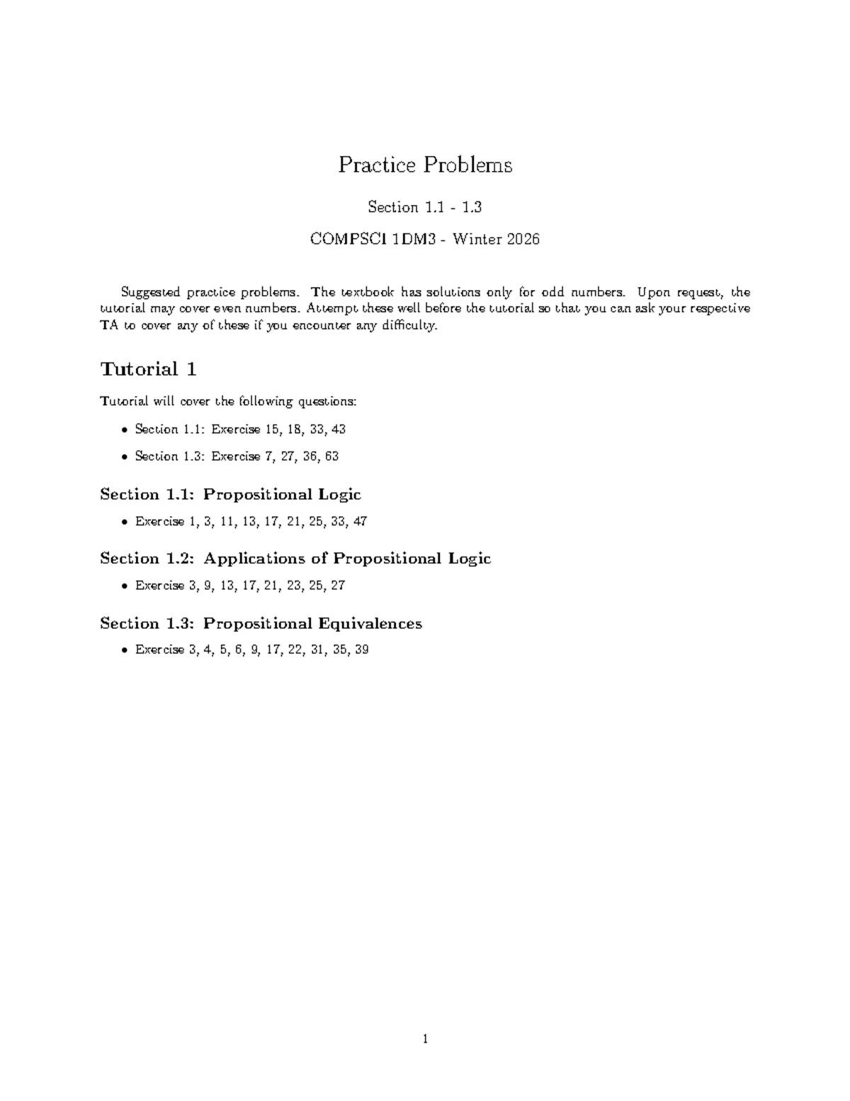 Practice Problems 1.1 & 1.3 COMPSCI 1DM3 Winter 2026 - Studocu