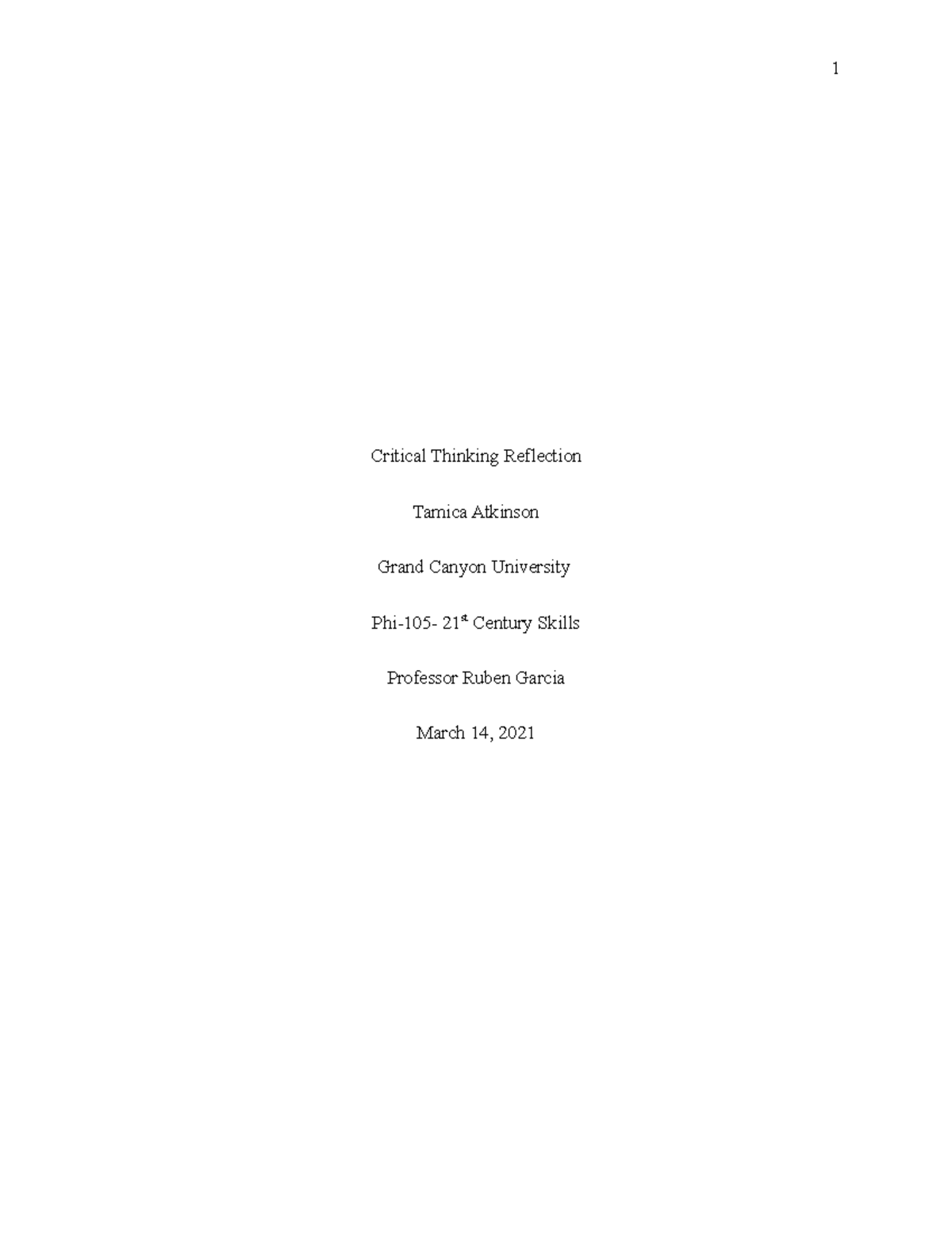 Phi-105 Critical Thinking Reflection Essay Notes - Studocu