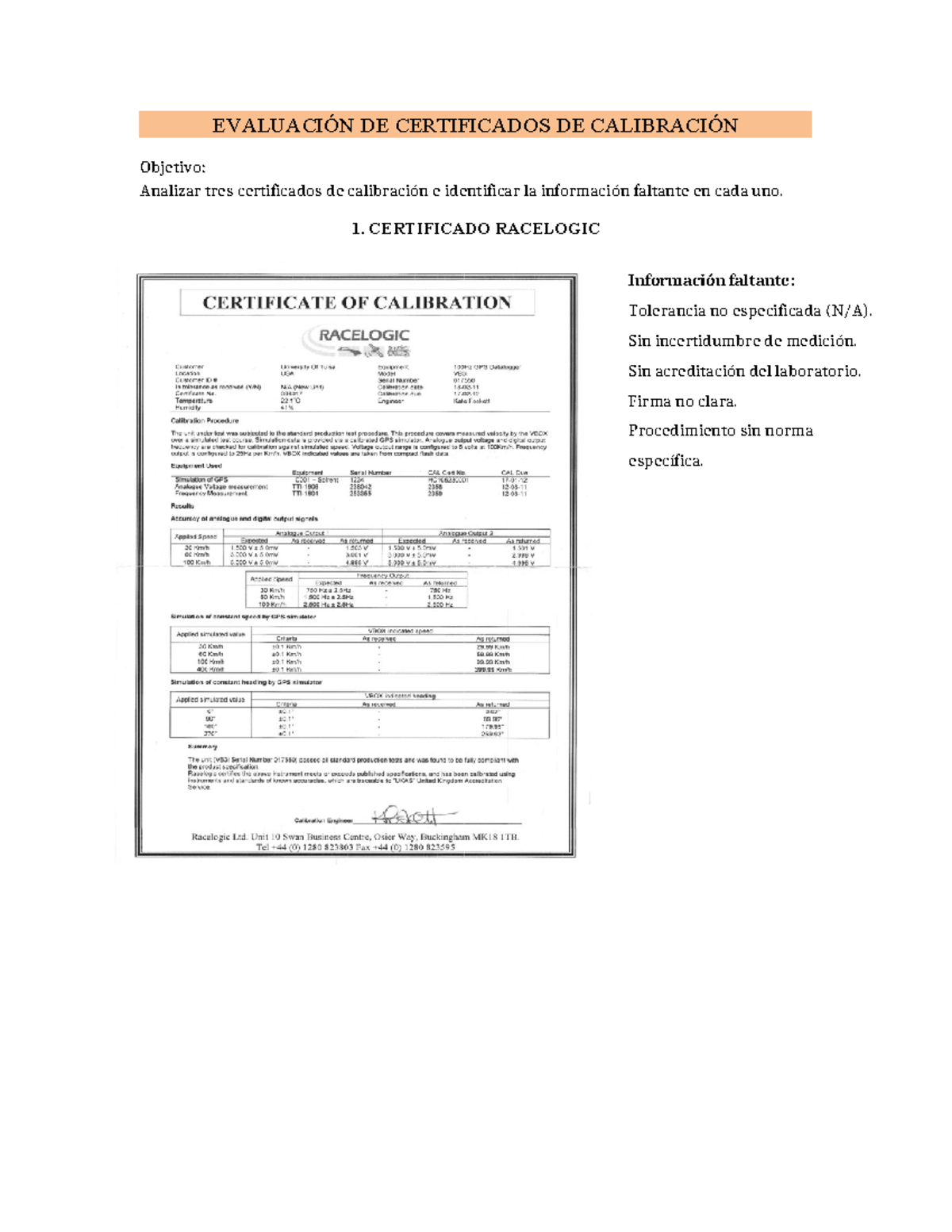 Calcerts Hecha - Excelente - EVALUACIÓN DE CERTIFICADOS DE CALIBRACIÓN ...