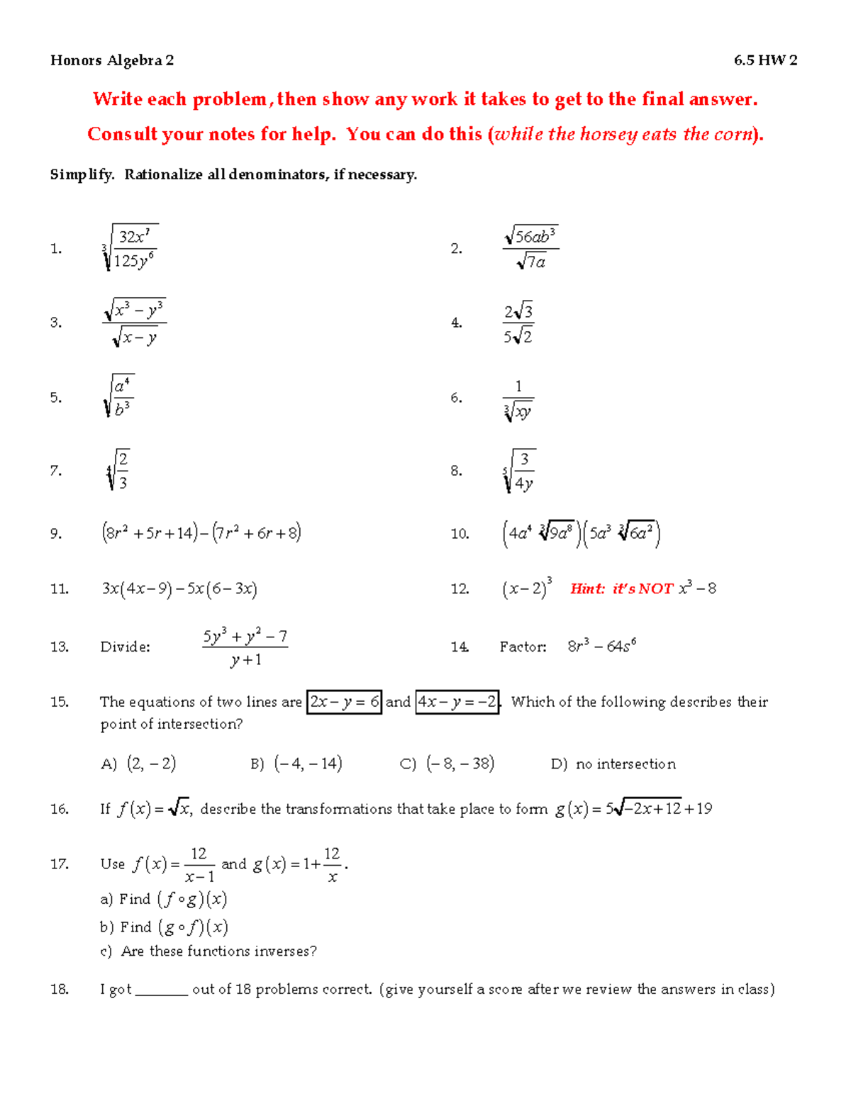 6.5 HW 2 - Honors Algebra 2 Homework with Problem Solutions - Studocu