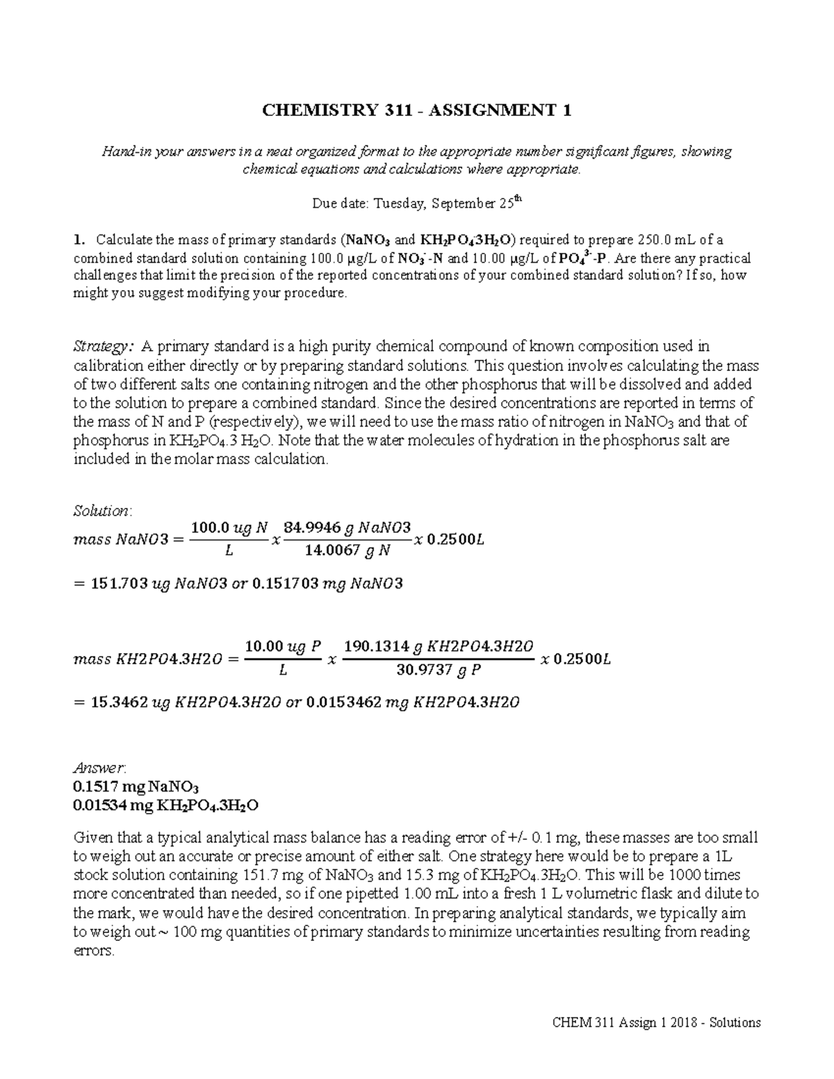 CHEM 311 - Assignment 1 Solutions and Calculations (2018) - Studocu