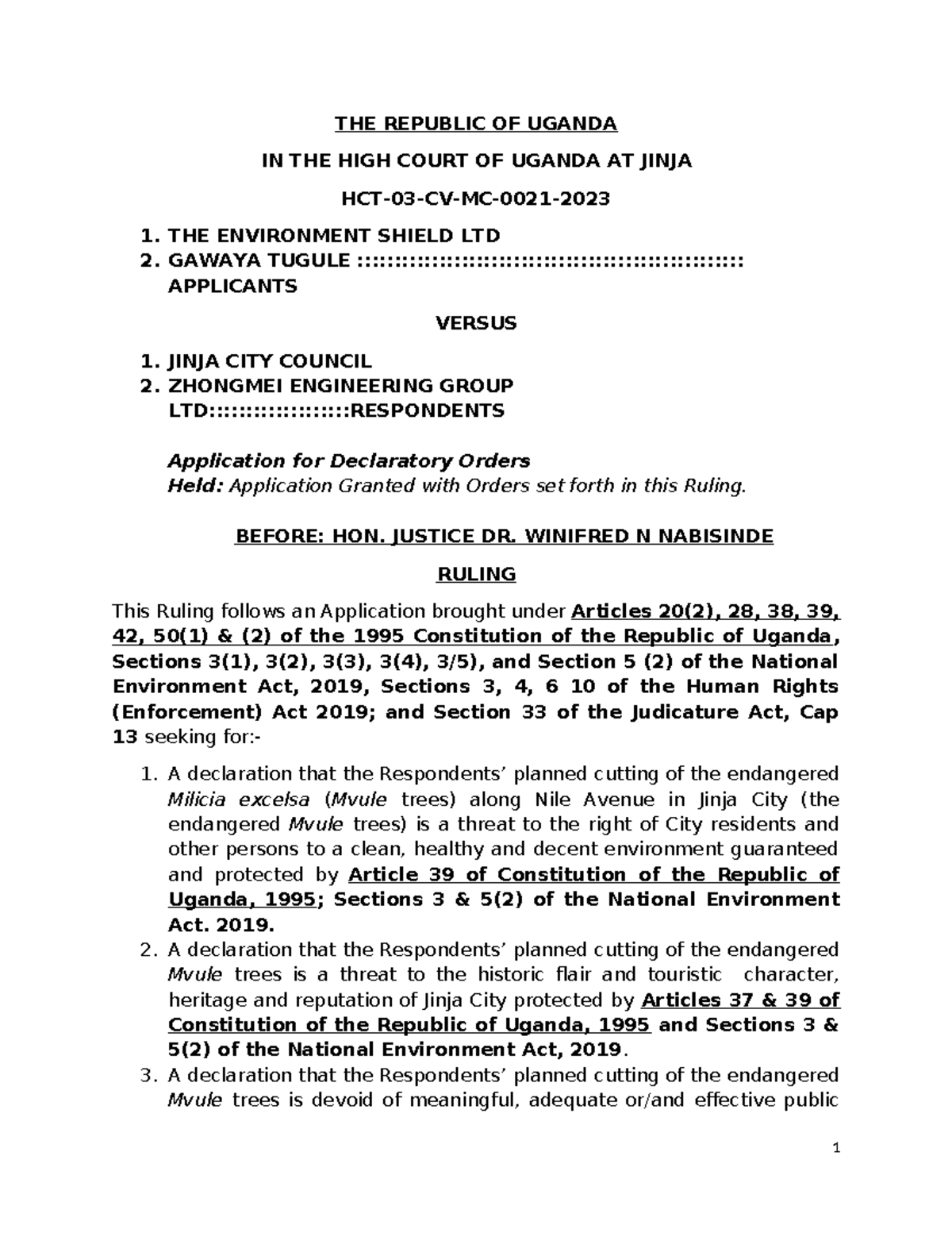 Application for Declaratory Orders: The Environment Shield Ltd v Jinja ...