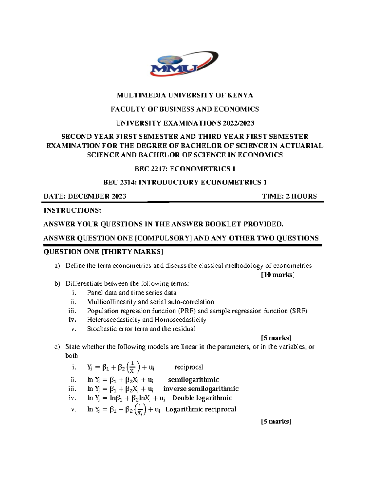 Econometrics BEC 2217 Final Exam Questions & Answers - Dec 2023 - Studocu