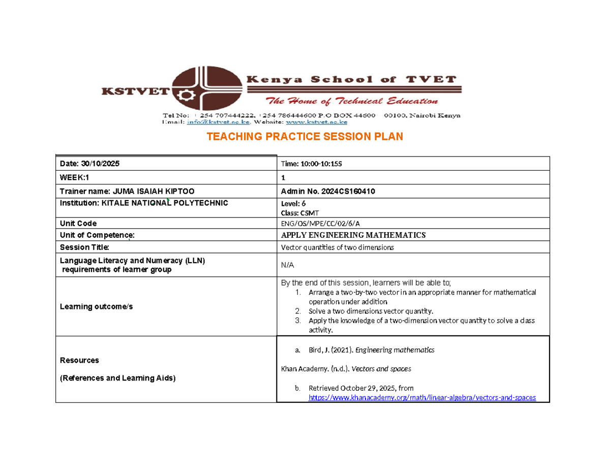 CSMT 6 Teaching Practice Session Plan: Vector Quantities in 2D - Studocu