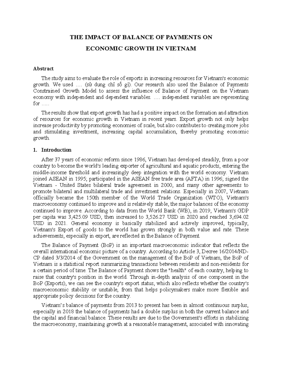 Impact of Balance of Payments on Economic Growth in Vietnam (ECO 401 ...