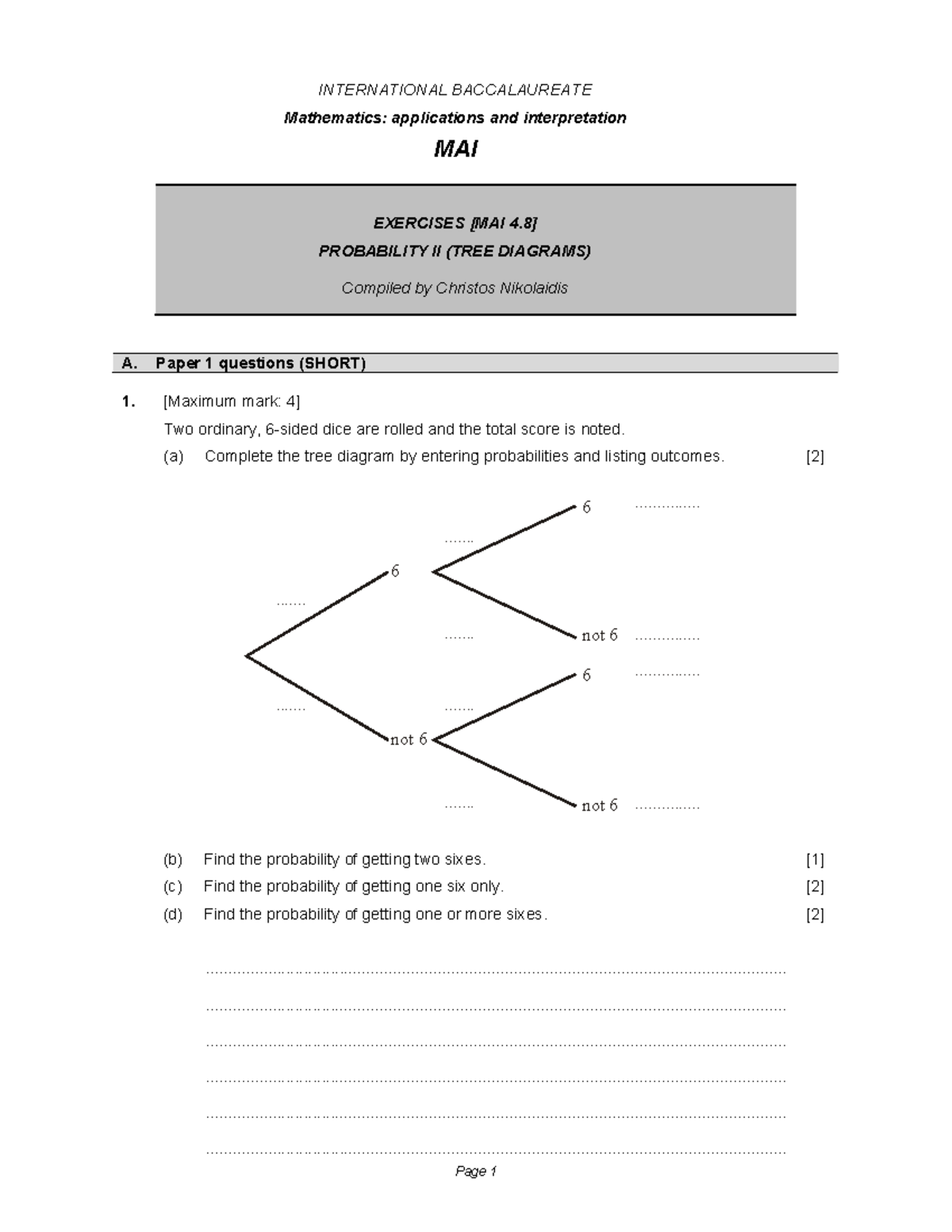 MAI Exercises: Probability II (Tree Diagrams) - IB Math Notes - Studocu