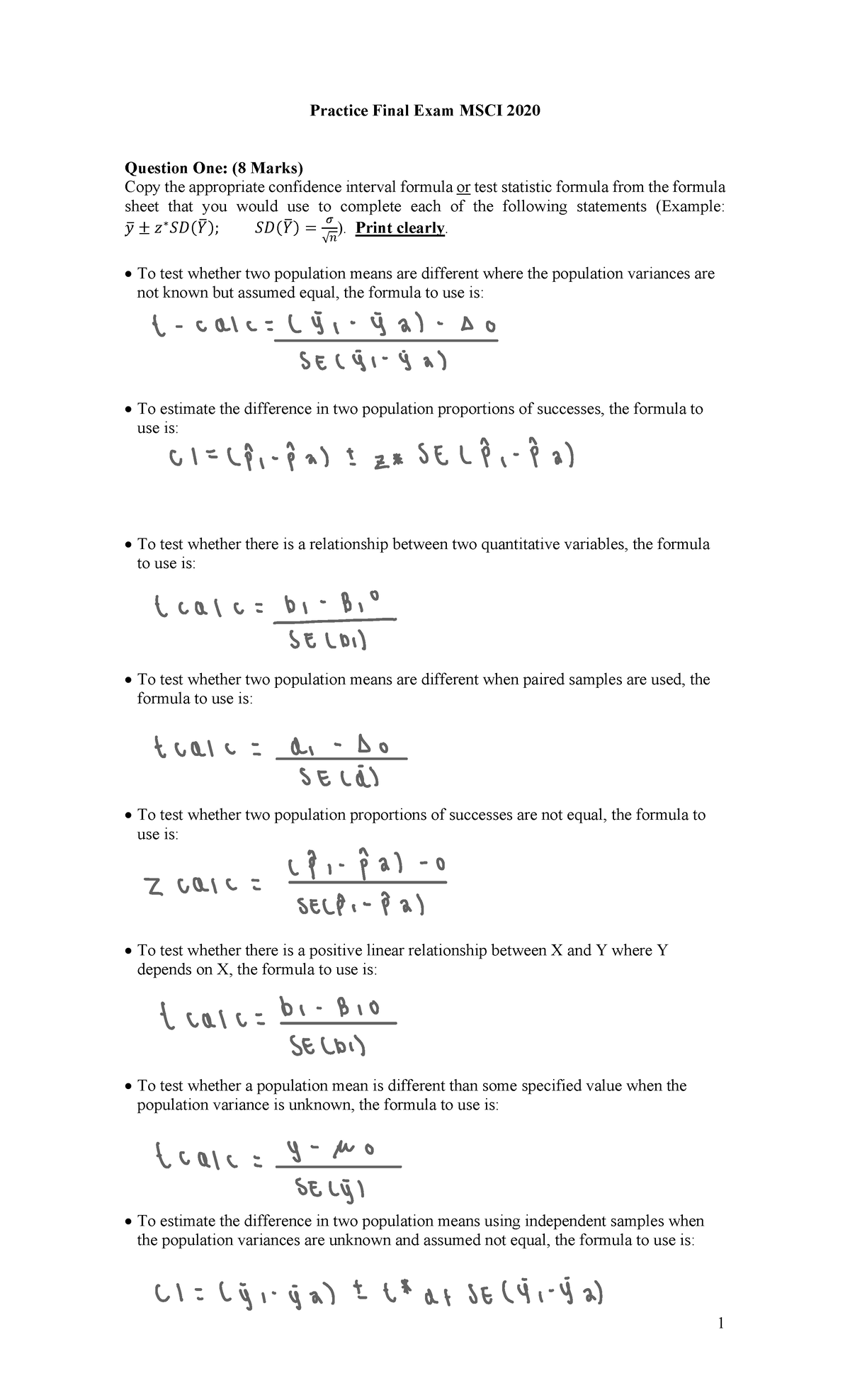 Practice Final Exam - Essential Formulas for MSCI 2020 - Studocu